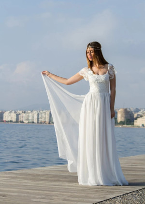 Cap Sleeves Ivory Lace Chiffon Modern Boho Wedding Dress